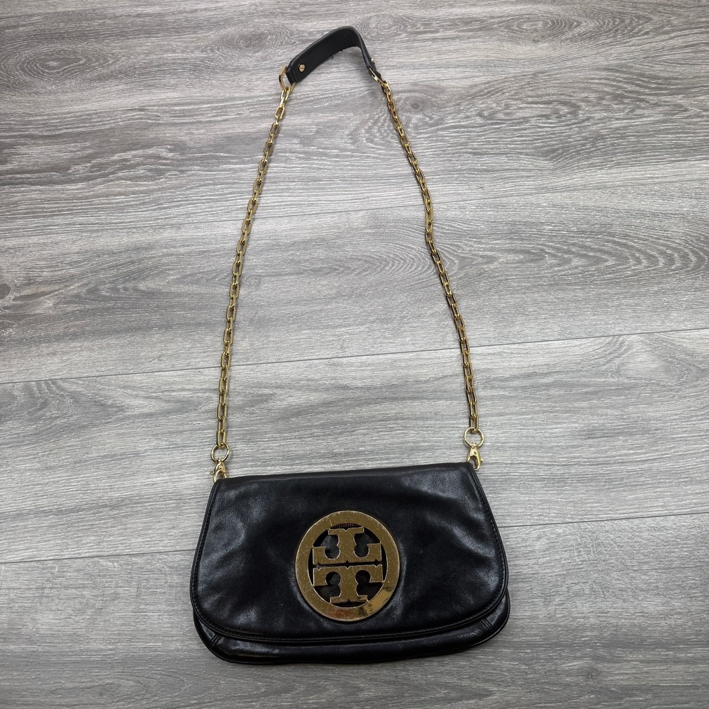 Tory Burch Reva Clutch Shoulder Bag Black Leather Gold Chain Logo Strap Evening